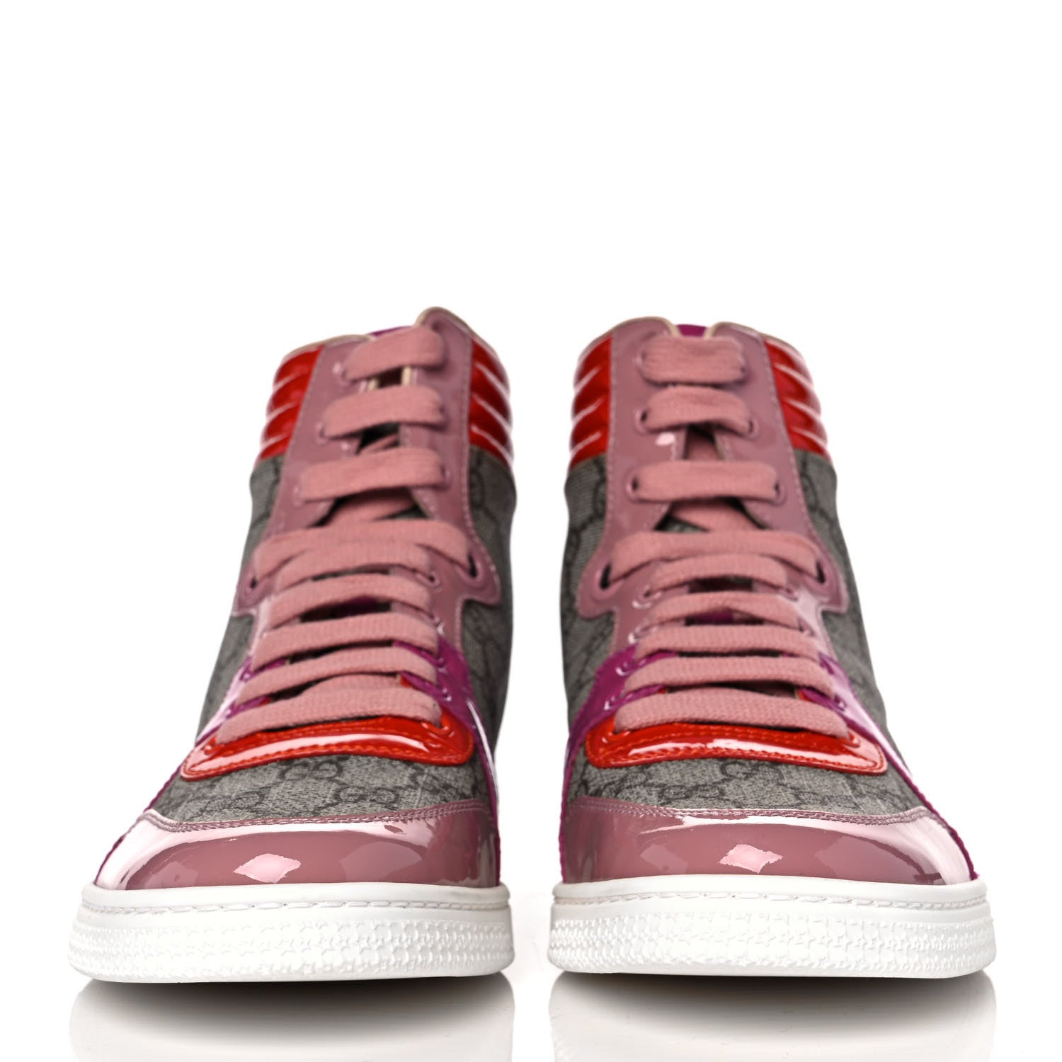 Gucci GG Supreme Monogram Patent Womens High Top Sneakers 40 Beige Carmine Rose New Rosette 2 of 7