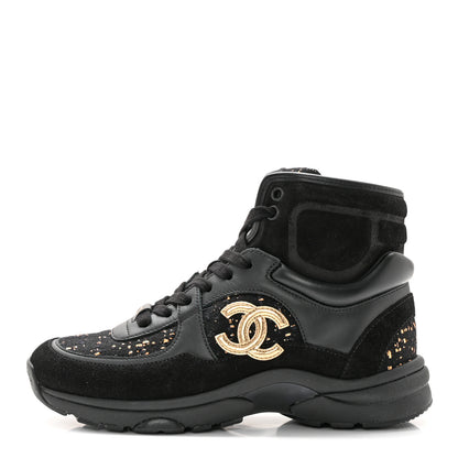Chanel Velour Tweed CC High Top Sneakers 35 Black Gold 1 of 13