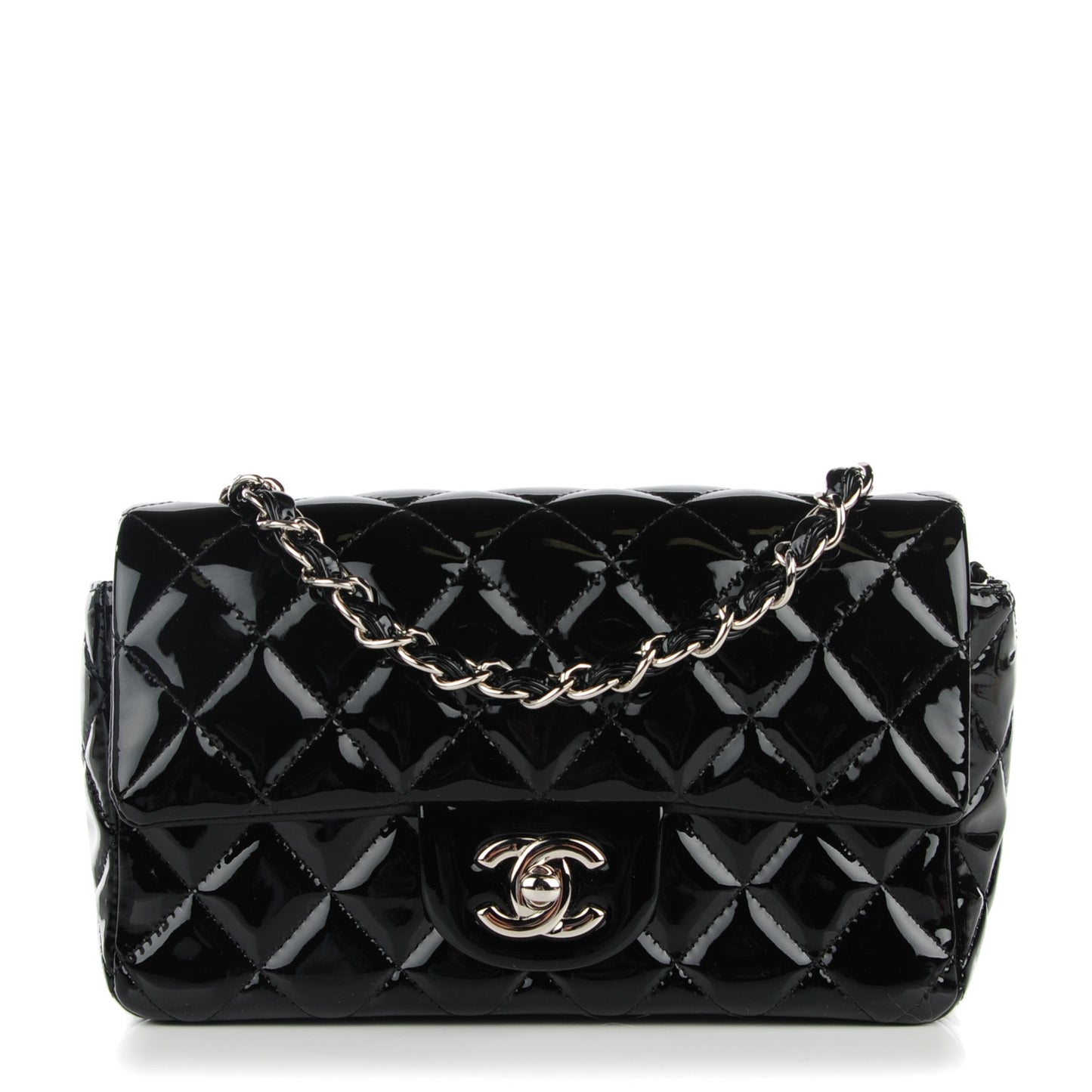 Patent Calfskin Quilted Mini Rectangular Flap Black