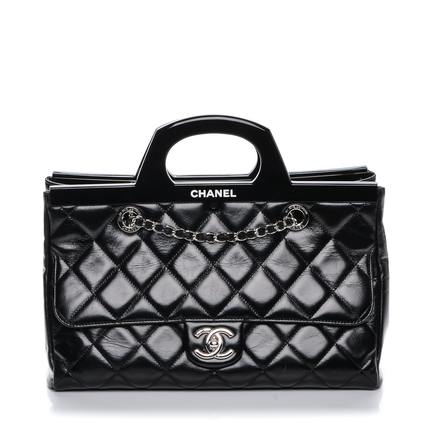 Glazed Calfskin Quilted Small CC Delivery Tote Black