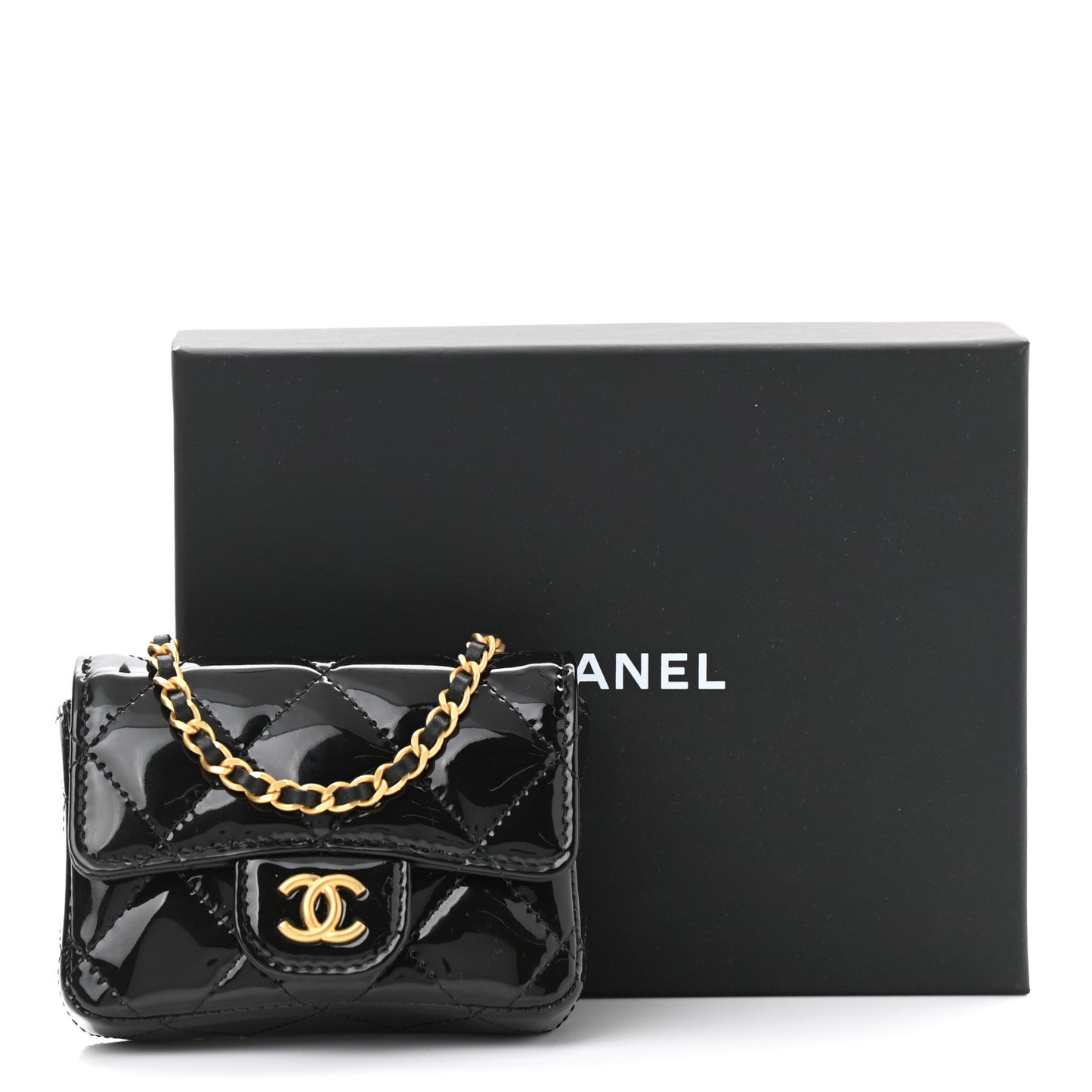 Patent Quilted Enamel Chain Mini Flap Belt Bag Black