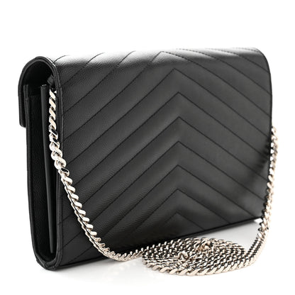 Saint Laurent Grain De Poudre Matelasse Chevron Monogram Chain Wallet Black 3 of 12