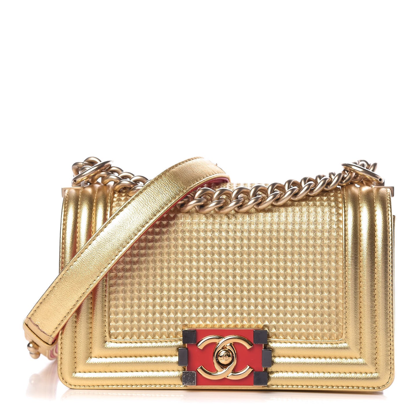 Metallic Lambskin Embossed Small Cube Boy Flap Gold