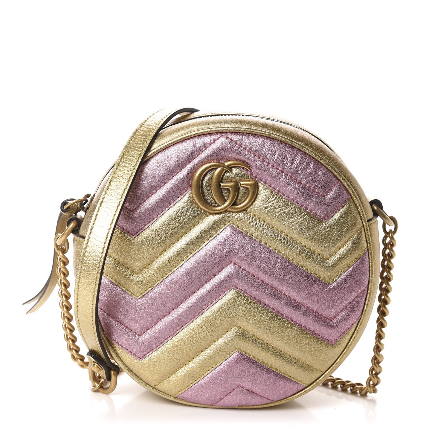 Metallic Calfskin Matelasse Mini GG Marmont Round Shoulder Bag Gold Pink