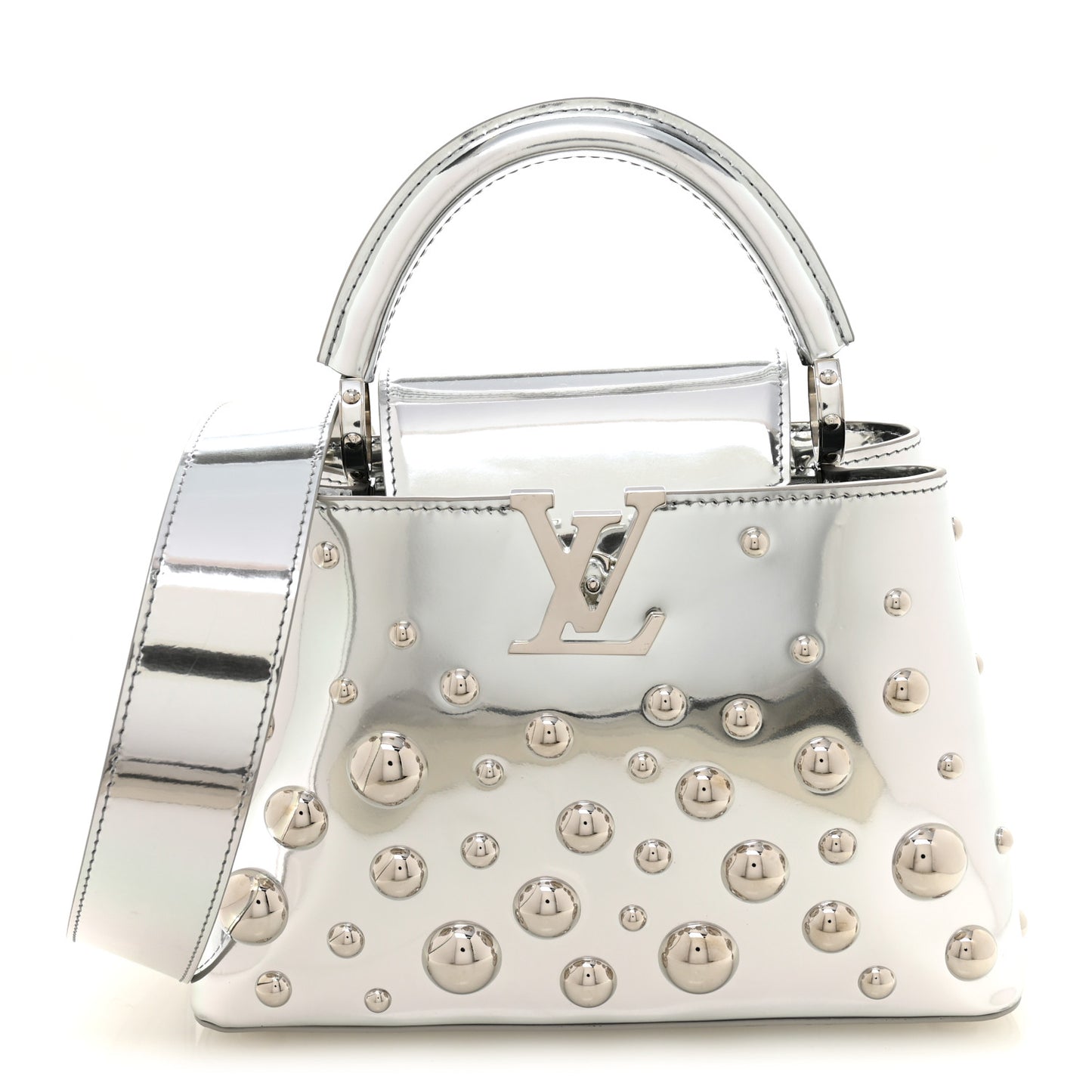 LV X YK Metallic Taurillon Brass Metal Dots Capucines BB Silver