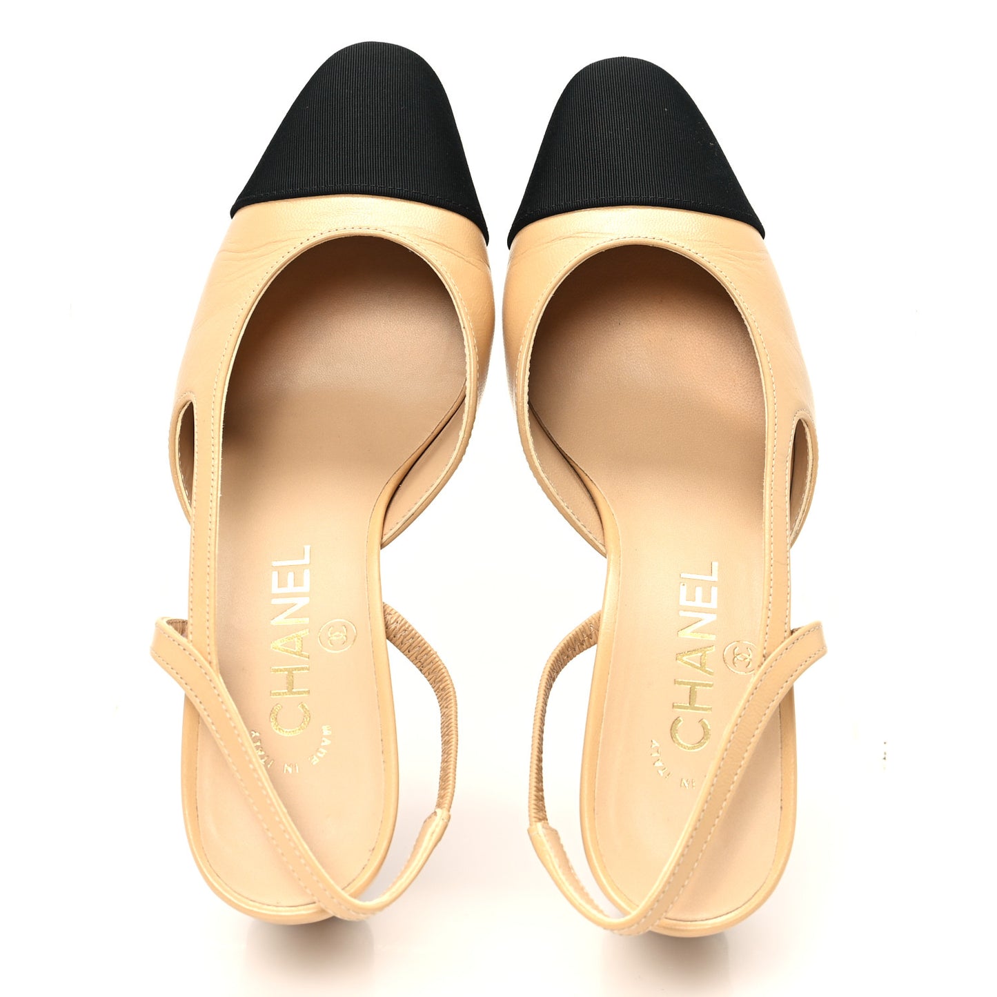 Goatskin Grosgrain Cap Toe CC Slingback Pumps 37 Beige Black
