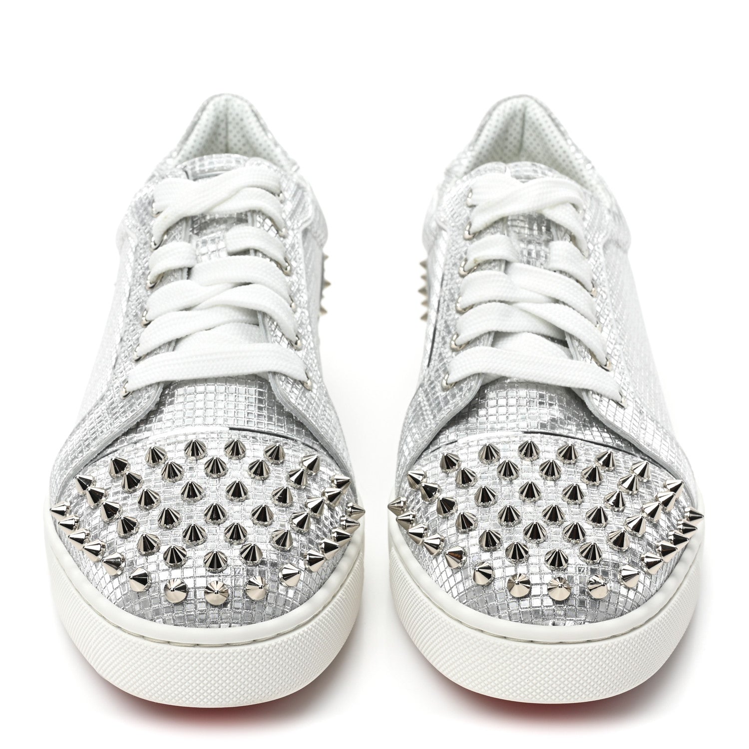 Christian Louboutin Glitter Metallic Calfskin Spikes Vieira 2 Flat Sneakers 40 Silver 2 of 13