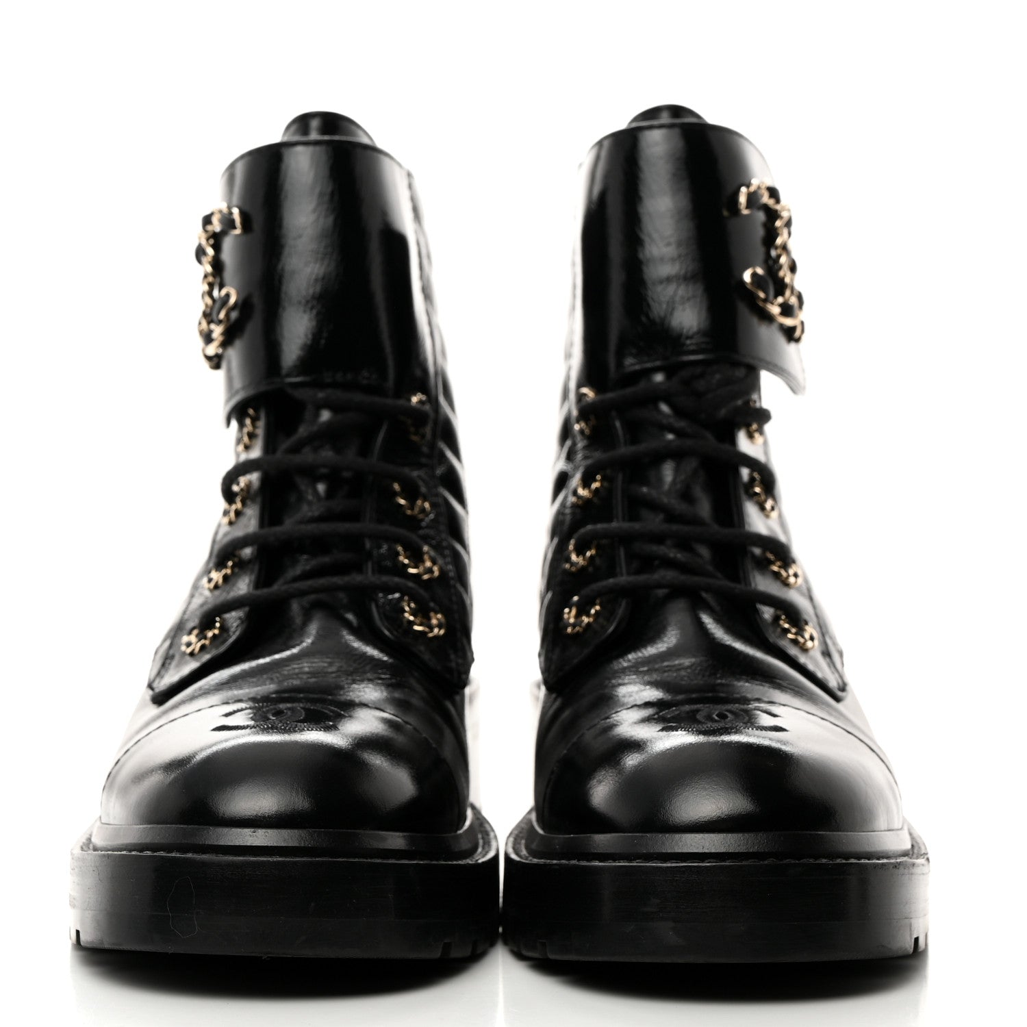 Chanel Shiny Lambskin Quilted Lace Up Combat Boots 40 Black 2 of 8