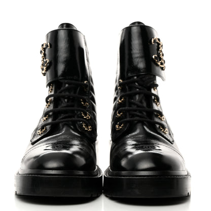 Chanel Shiny Lambskin Quilted Lace Up Combat Boots 40 Black 2 of 8