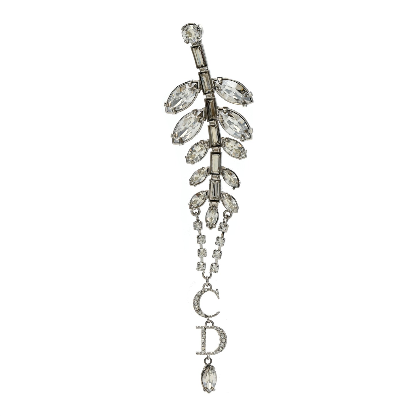 Metal Crystal Leaf Brooch Silver