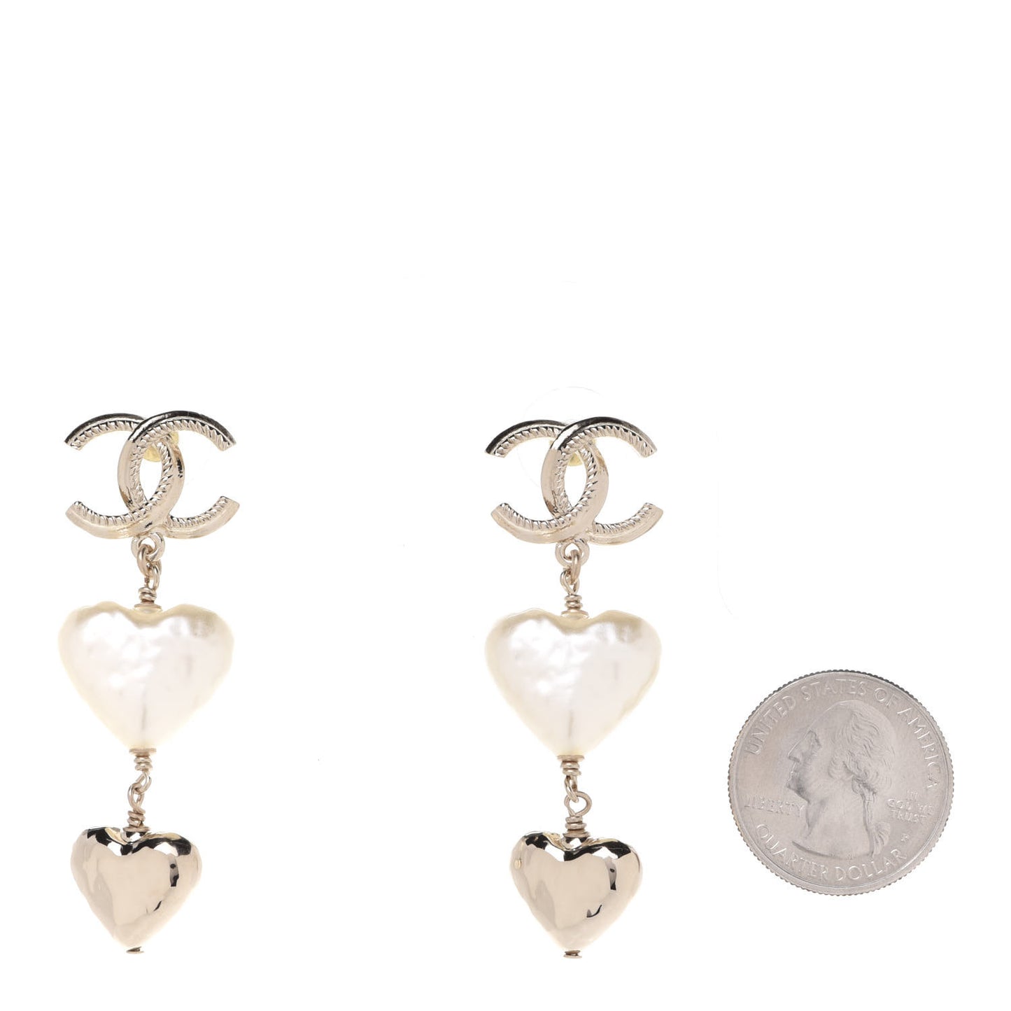 Pearl CC Double Heart Drop Earrings Gold