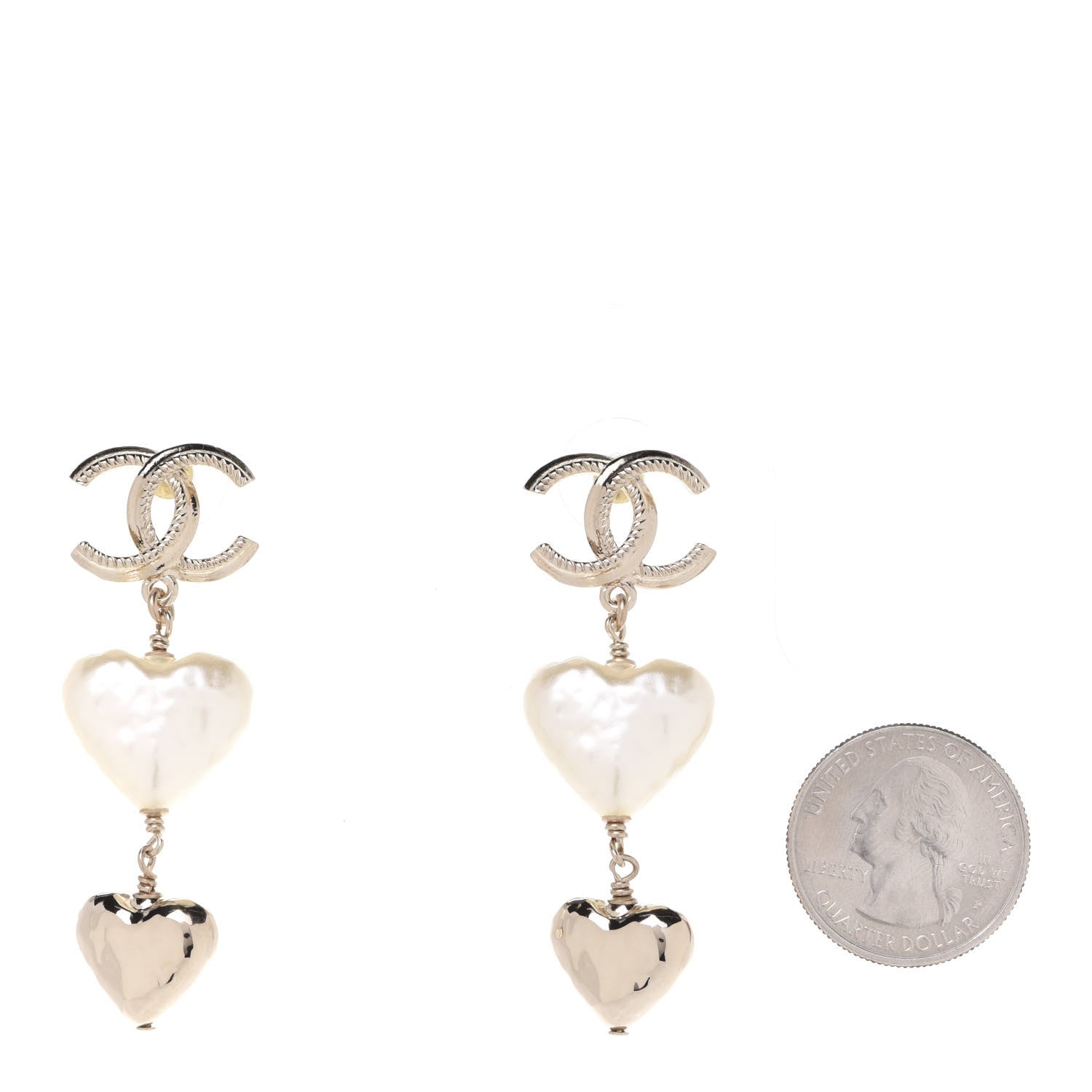 Chanel Pearl CC Double Heart Drop Earrings Gold 2 of 5