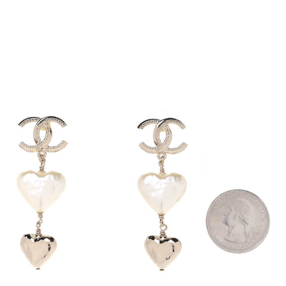 Chanel Pearl CC Double Heart Drop Earrings Gold 2 of 5