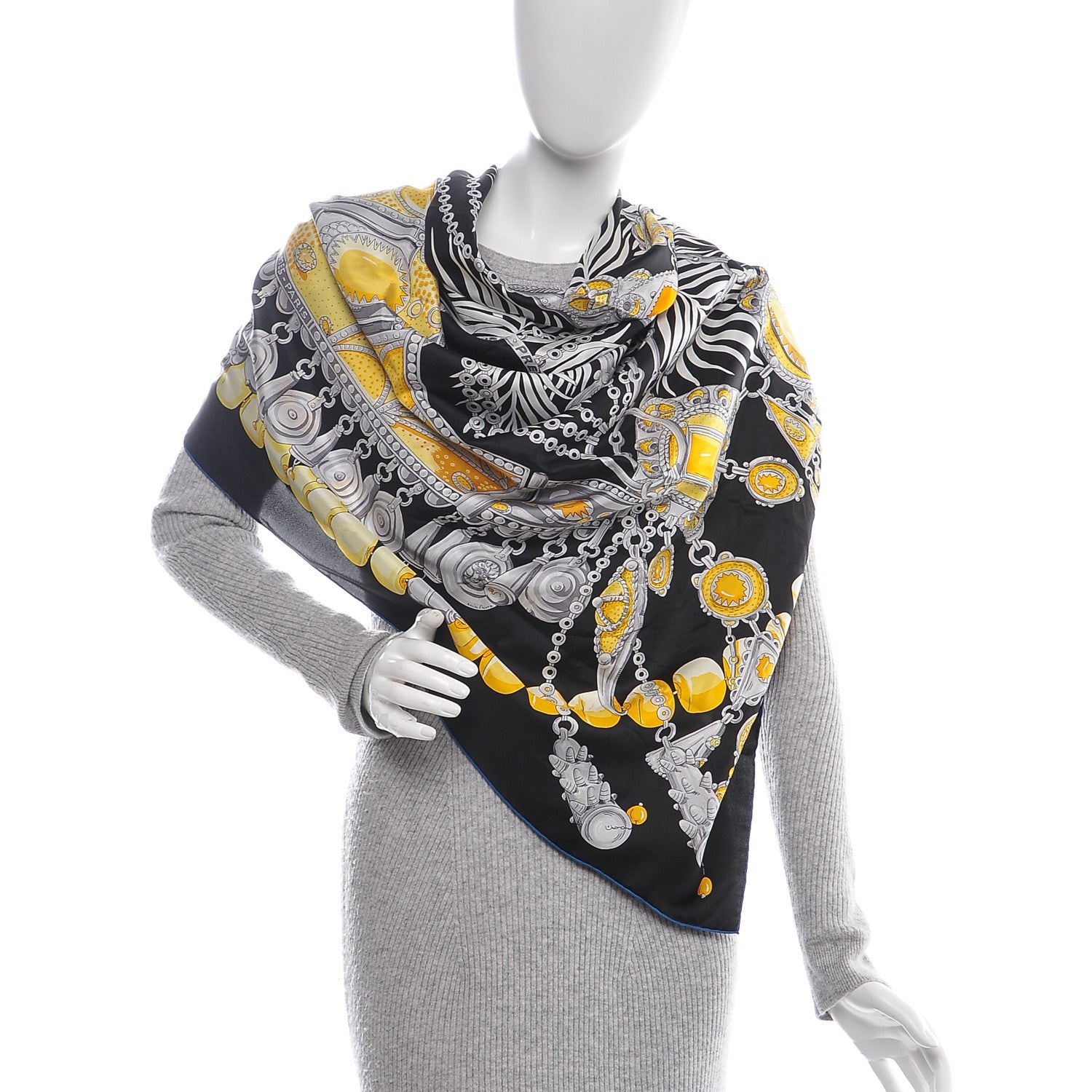 Hermes Silk Twill Parures Precieuses Shawl 140 Noir Jaune D'Or Gris 2 of 7