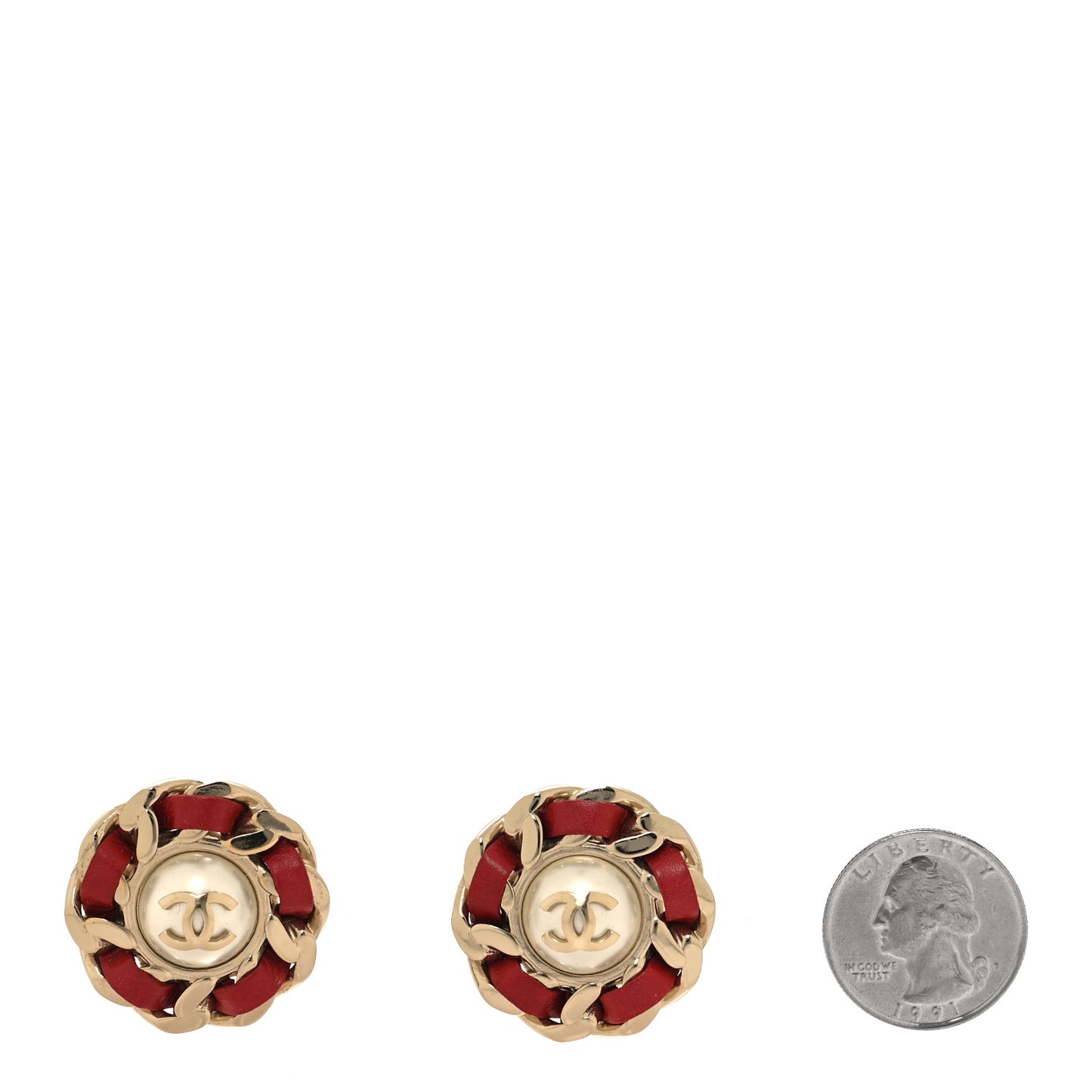 Pearl Lambskin Chain Around CC Earrings Gold Red
