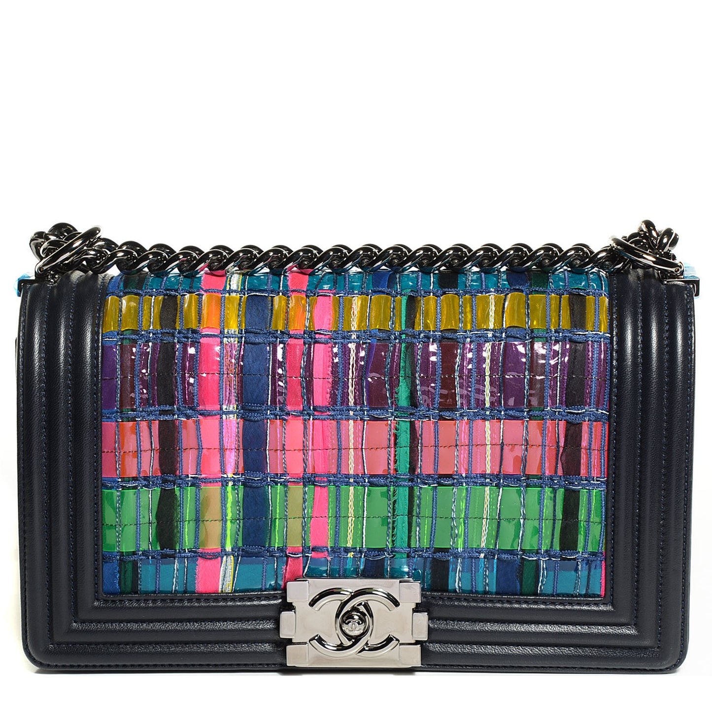 Tweed Lambskin Woven Medium Boy Flap Navy Blue