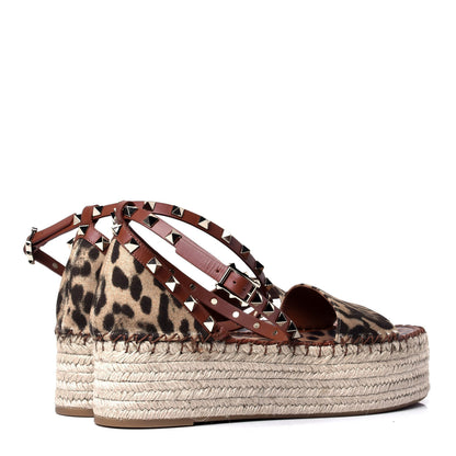 Valentino Garavani Canvas Leopard Print Rockstud Ankle Wrap Espadrille Flatform Sandals 39 Brown 3 of 6