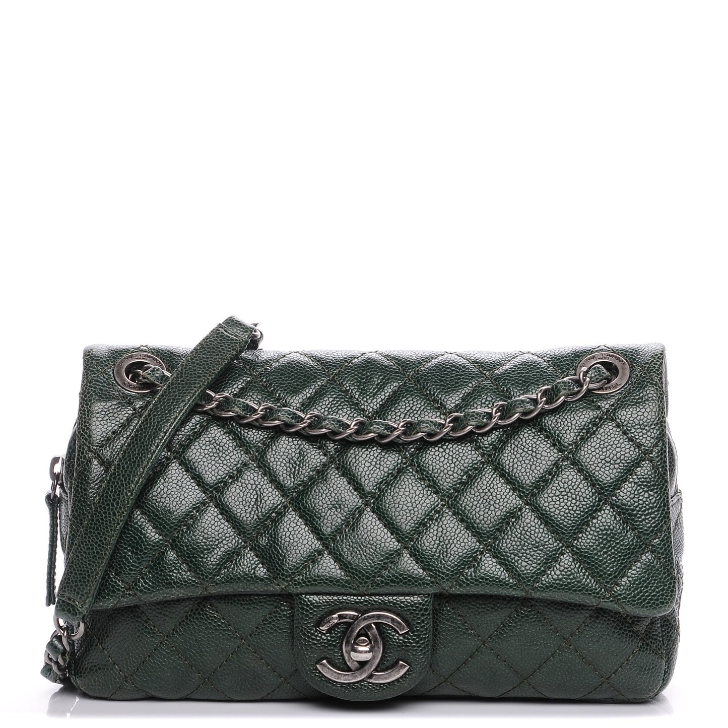 Iridescent Caviar Quilted Small Chic Flap Dark Green