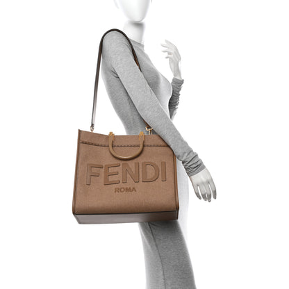Fendi Flannel Vitello King Wool Plexiglass FF Logo Embroidered Medium Fendi Sunshine Shopper Tote Camel Sand 2 of 14