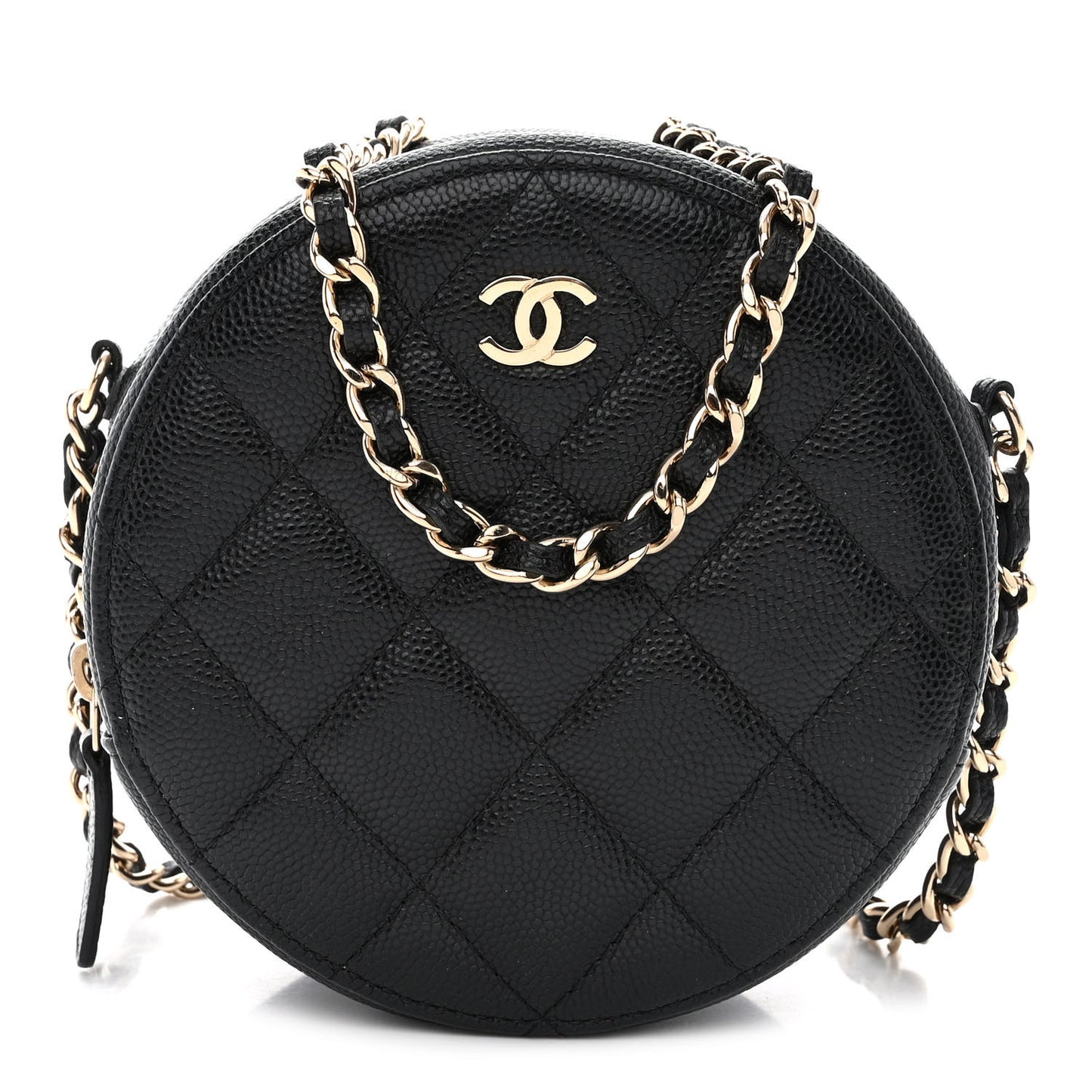 Caviar Quilted Round Clutch With Chain Black