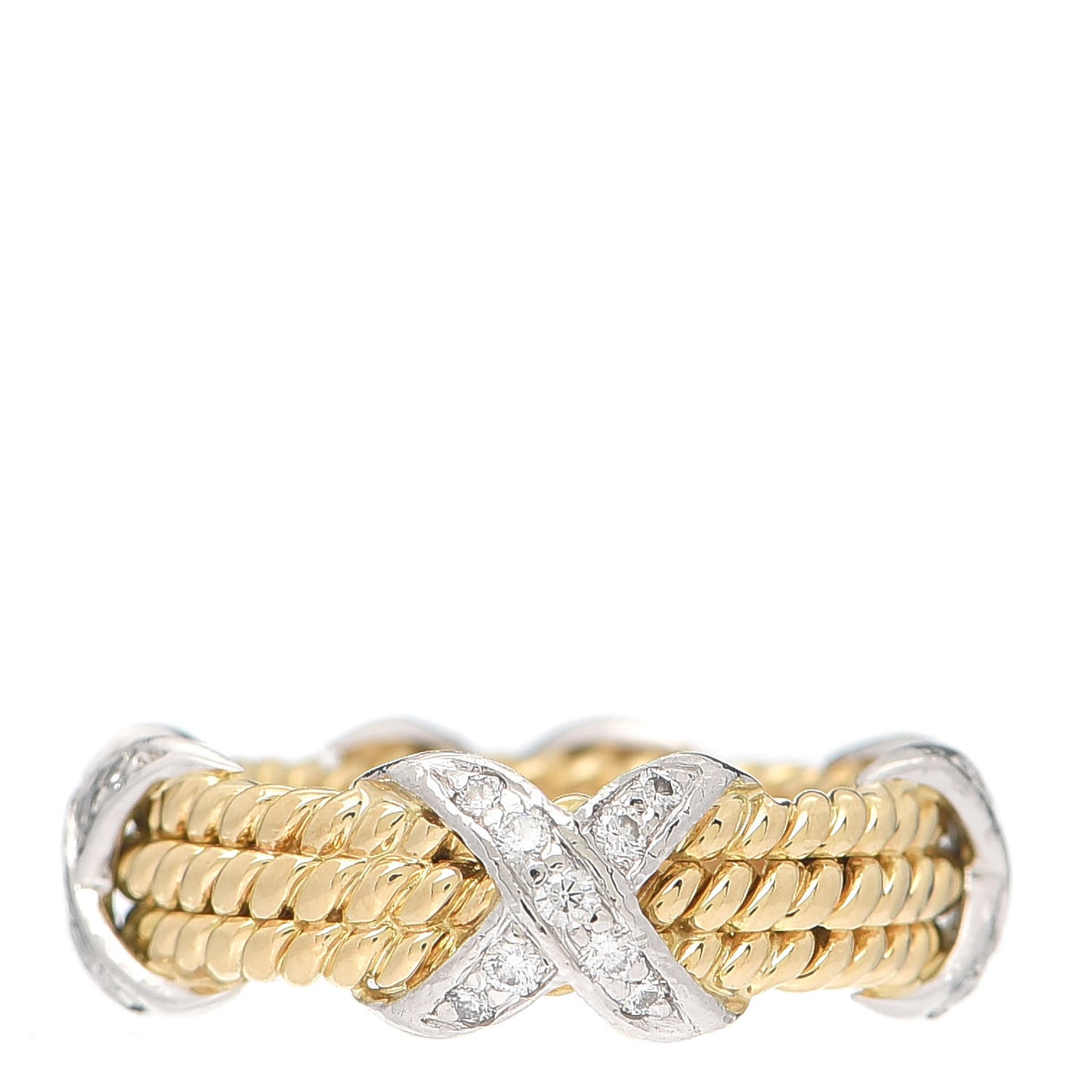 18K Yellow Gold Platinum Diamond Schlumberger Rope 3 Row X Ring 48 4.5