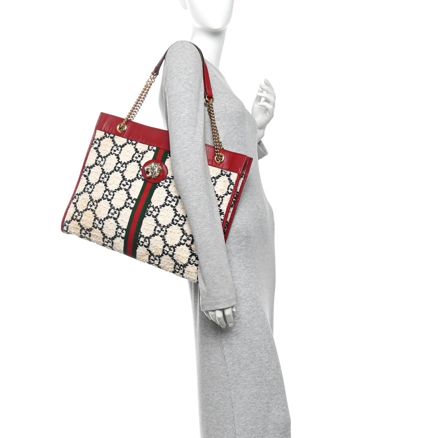 Gucci Tweed GG Monogram Large Rajah Chain Tote White Black Romantic Cherry 2 of 14