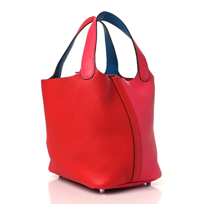 Hermes Taurillon Clemence Tri-Color Picotin Lock 18 PM Rouge Coeur Rose Extreme Bleu Zanzibar 3 of 11