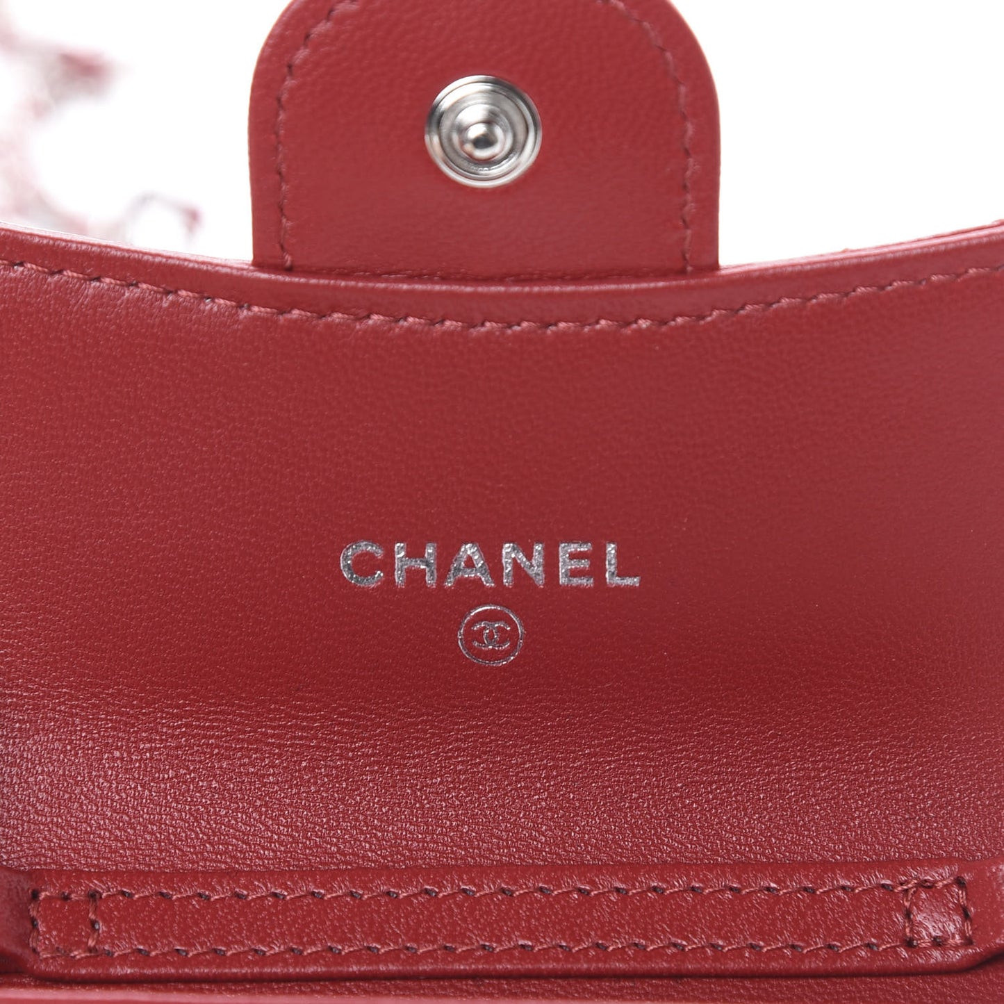 Lambskin Quilted Flap Card Holder On Chain Dark Red