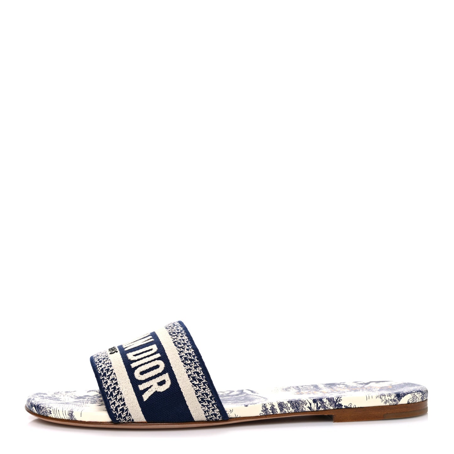 Canvas Toile de Jouy Embroidered Dway Flat Slide Sandals 39 Blue