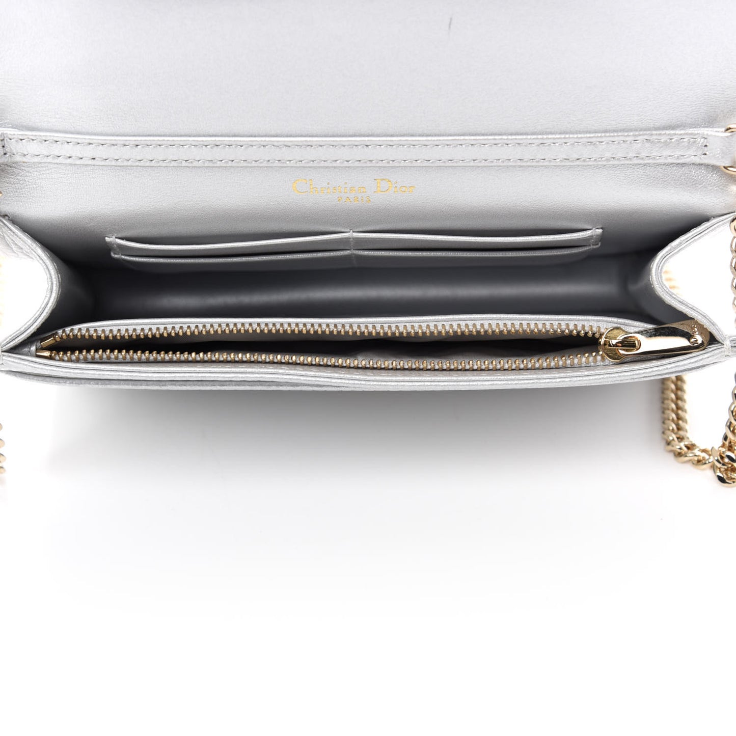 Metallic Grained Calfskin Diorama Wallet on Chain Pouch Silver