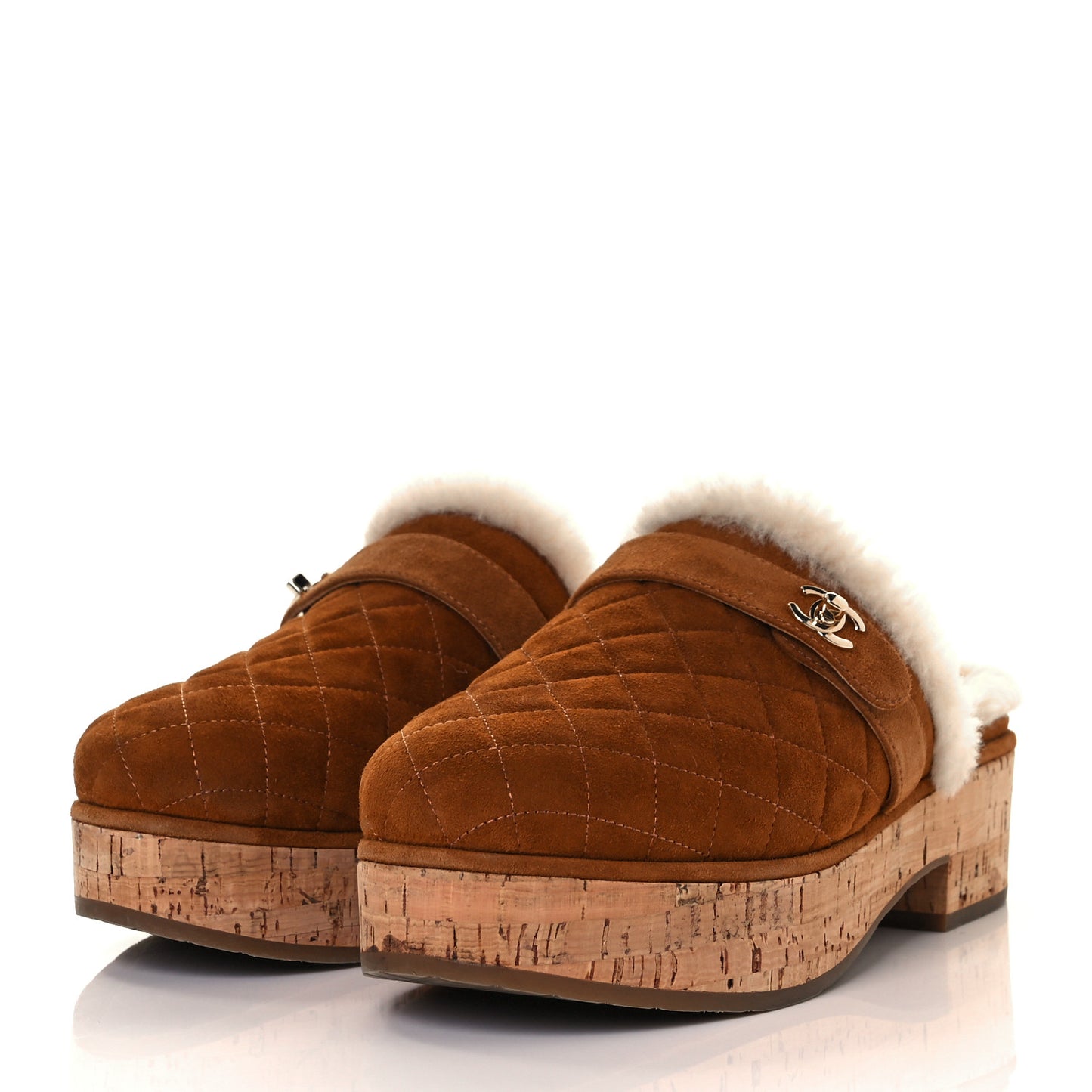 Suede Calfskin Shearling Turn Lock Clogs 40 Brown