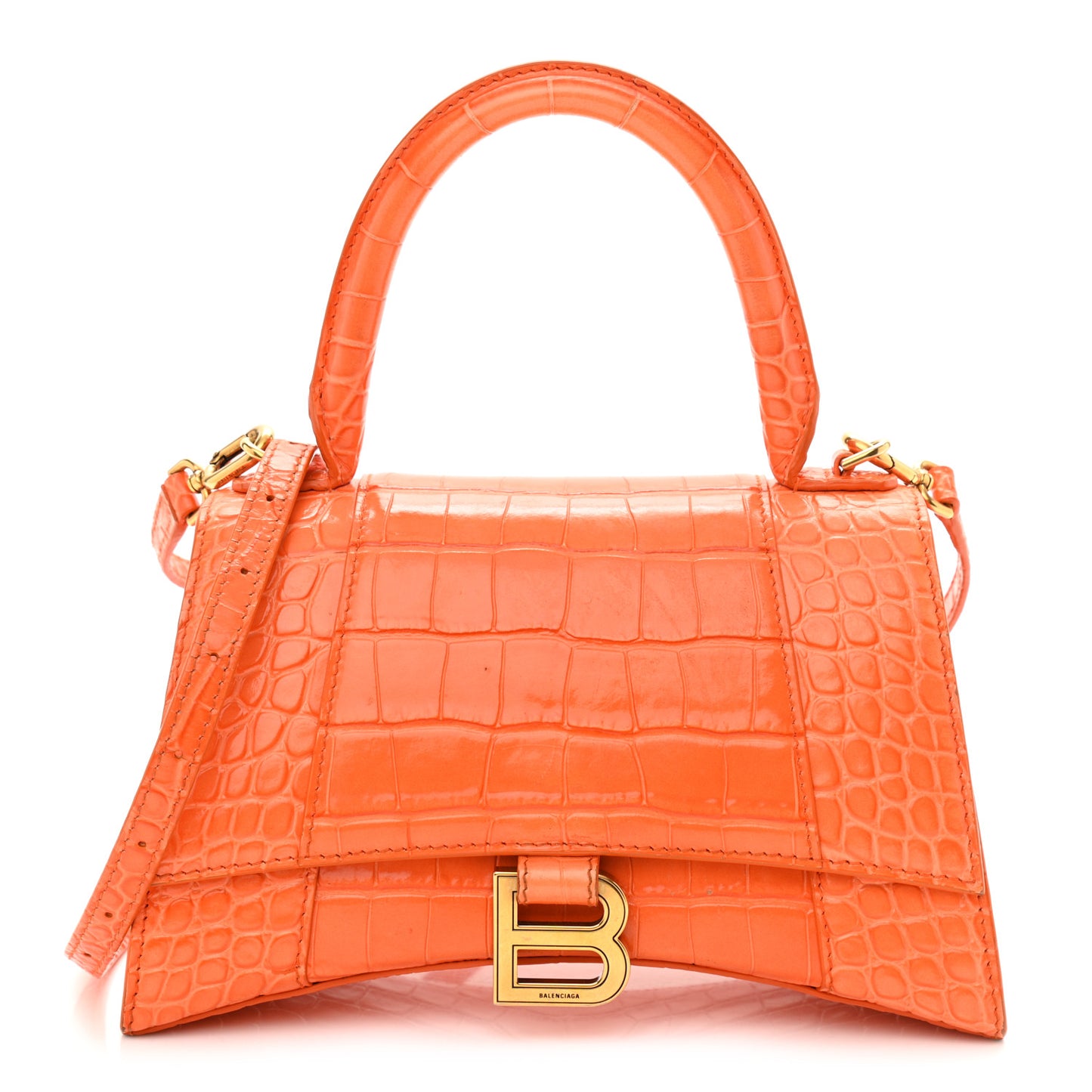Shiny Calfskin Crocodile Embossed Small Hourglass Top Handle Bag Orange