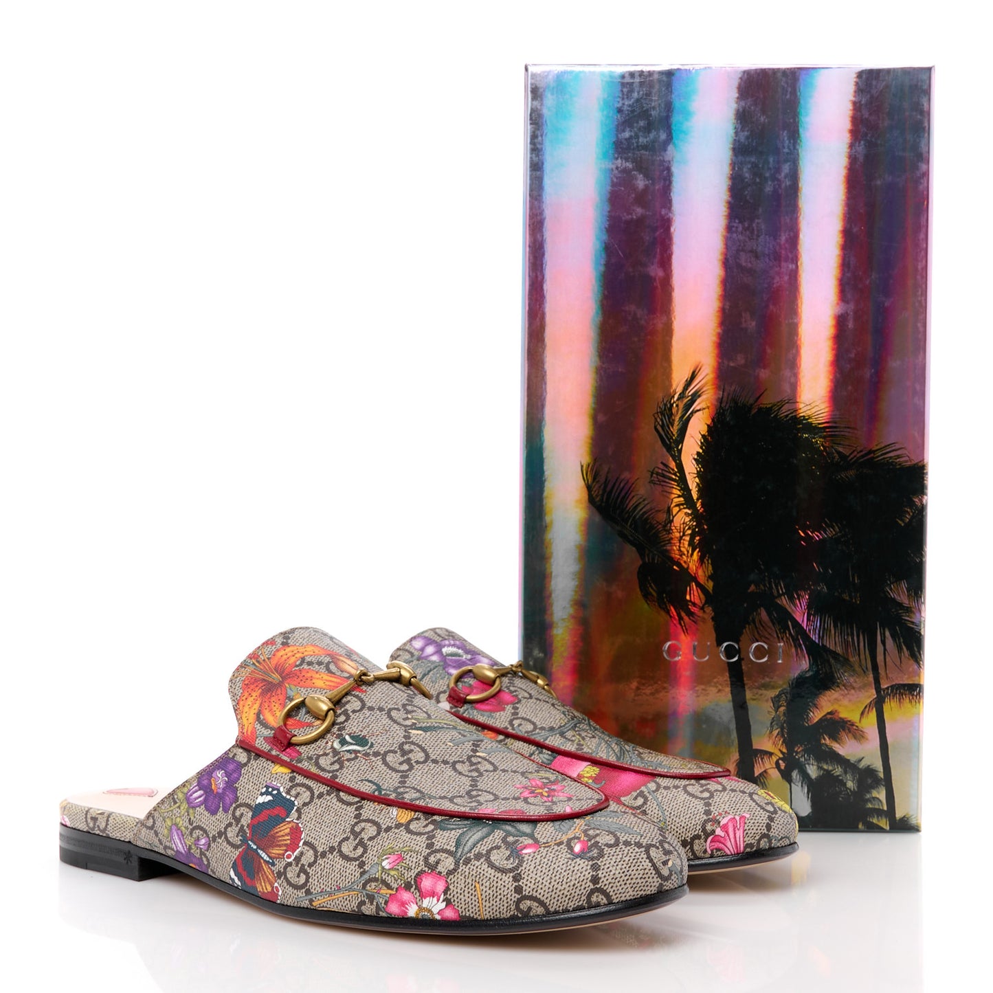 GG Supreme Monogram Flora Womens Princetown Slippers 39.5 Beige Ebony Multicolor Rosso