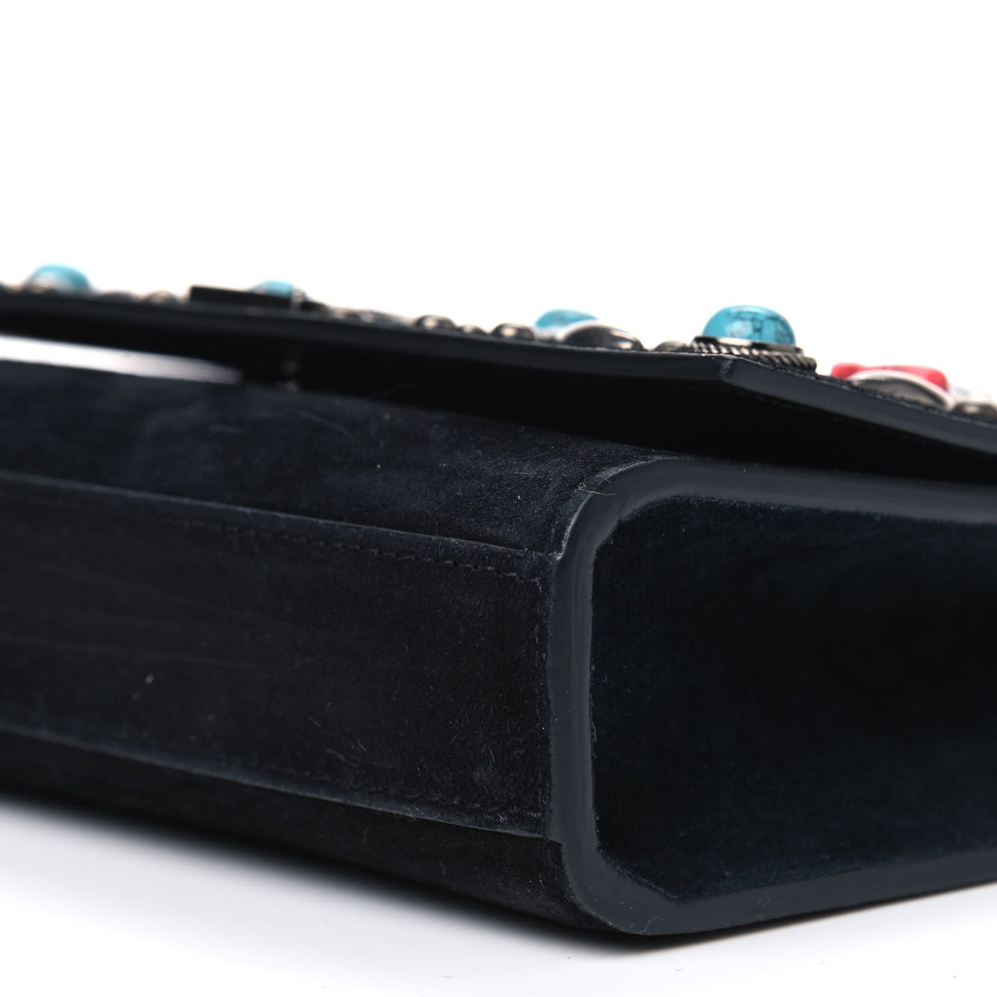 Suede Small Monogram Stone Studded Kate Satchel Black Turquoise Coral