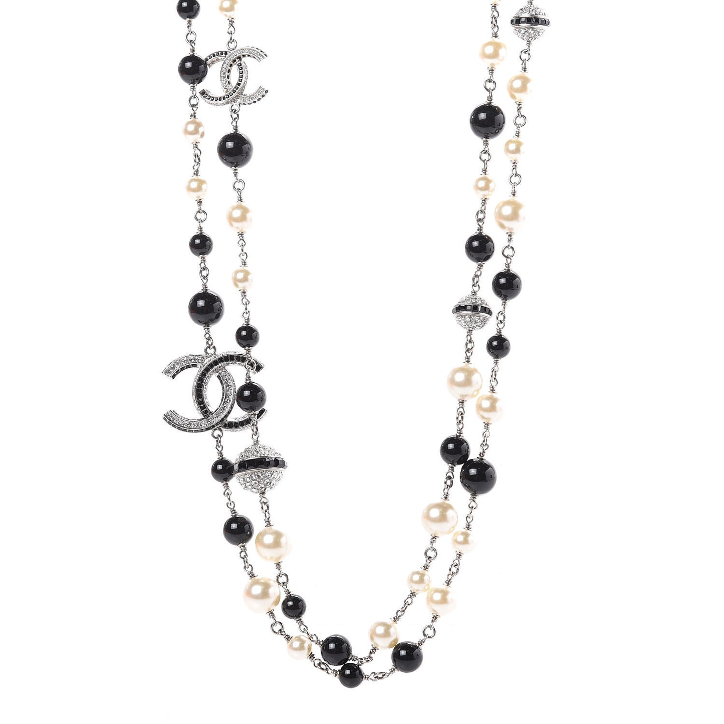Pearl Crystal Bead CC Long Necklace Silver Black