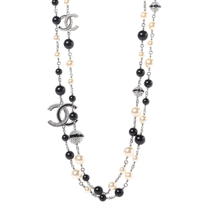 Chanel Pearl Crystal Bead CC Long Necklace Silver Black 1 of 5