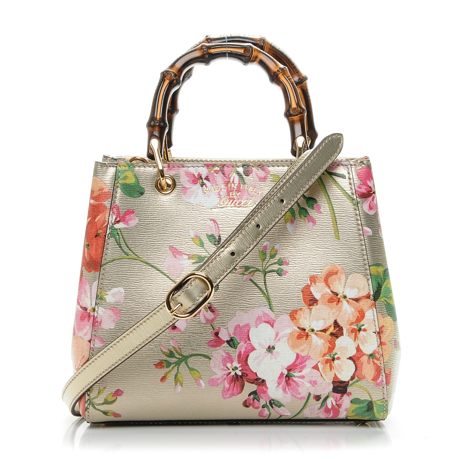 Gucci Metallic Shangai Calfskin Blooms Print Mini Bamboo Shopper Tote Gold Multicolor 1 of 8