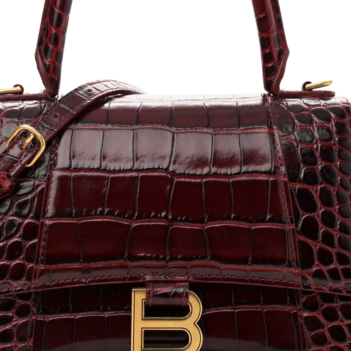 Shiny Calfskin Crocodile Embossed Small Hourglass Top Handle Bag Dark Red