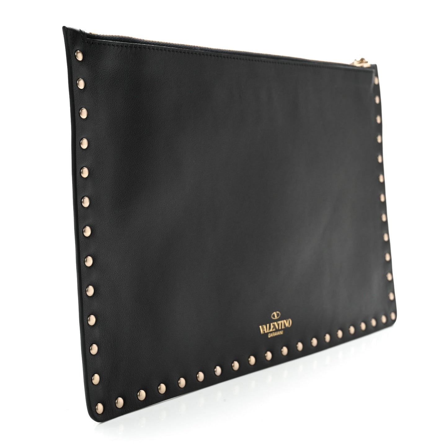Pebbled Calfskin Large Rockstud Zip Pouch Black