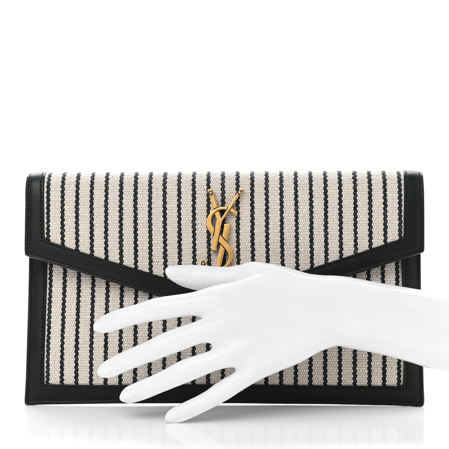 Saint Laurent Canvas Striped Uptown Pouch Beige Black 2 of 7