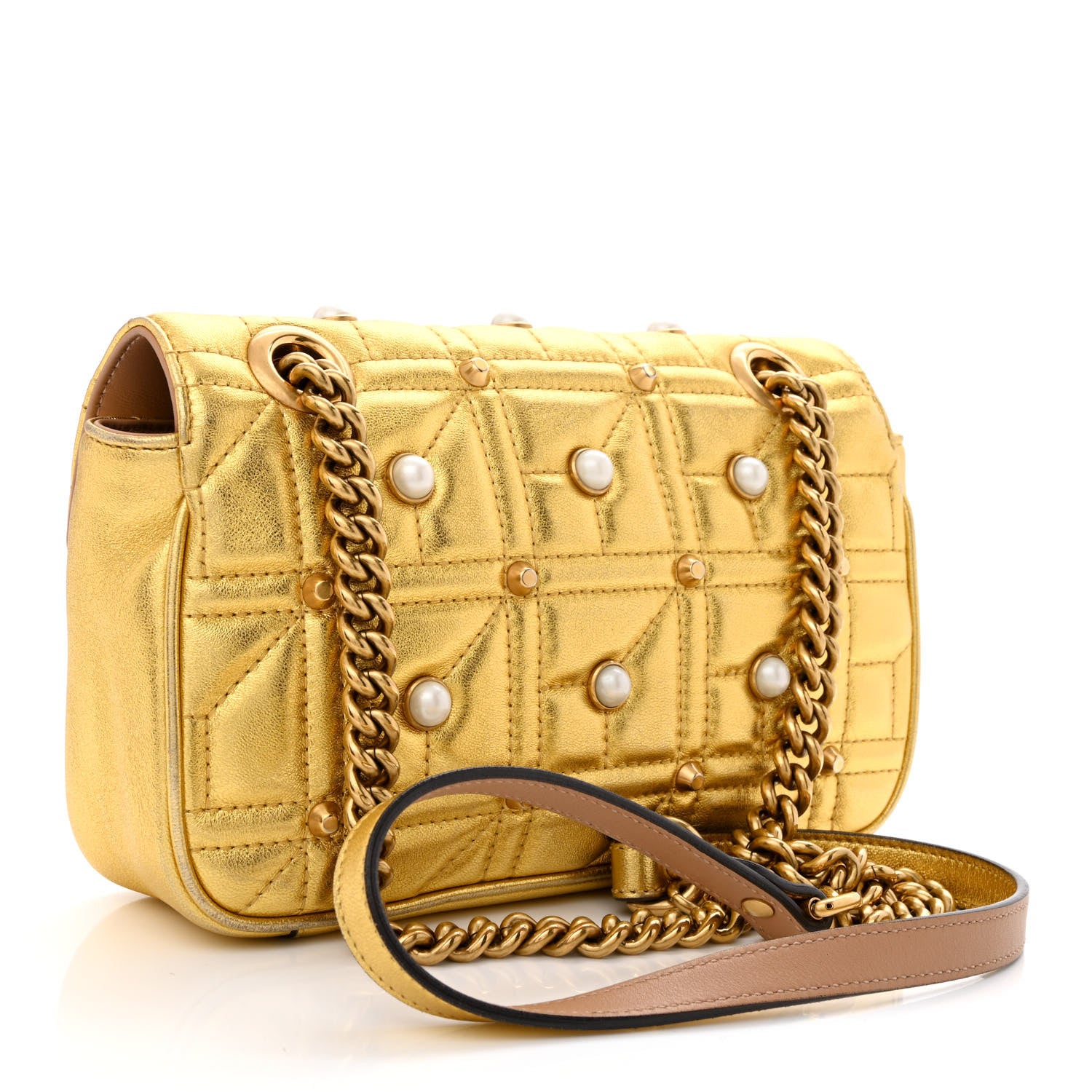 Gucci Metallic Calfskin Matelasse Studded Mini Pearly GG Marmont Shoulder Bag Gold 3 of 10