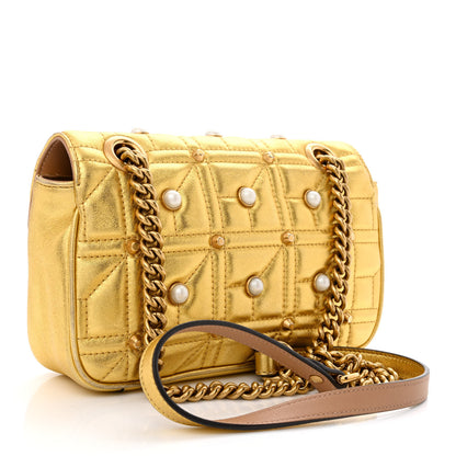 Gucci Metallic Calfskin Matelasse Studded Mini Pearly GG Marmont Shoulder Bag Gold 3 of 10