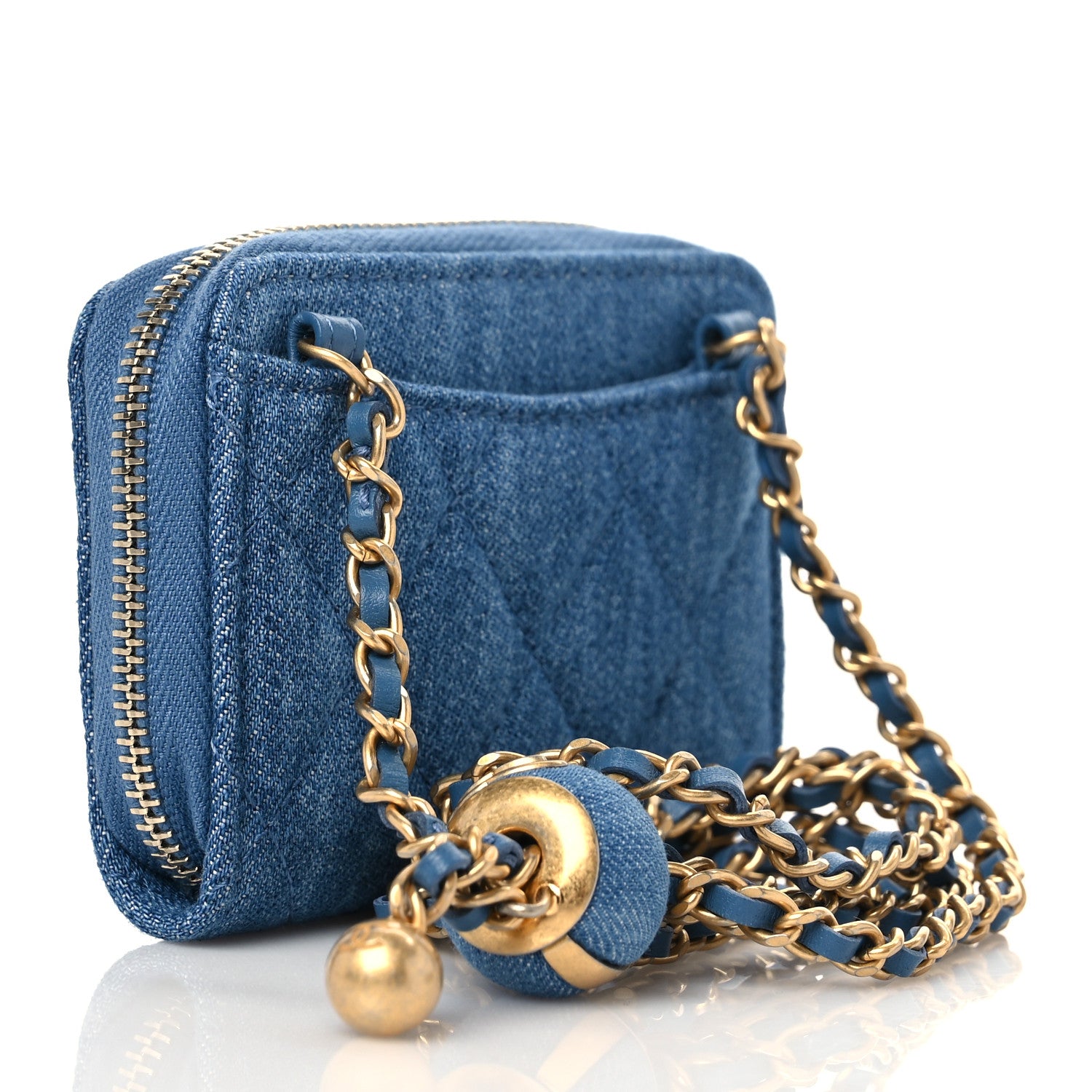 Chanel Denim Quilted CC Pearl Crush Zip Card Holder On Chain Blue 2 of 7