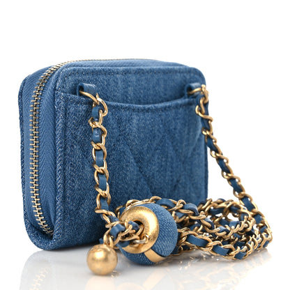 Chanel Denim Quilted CC Pearl Crush Zip Card Holder On Chain Blue 2 of 7