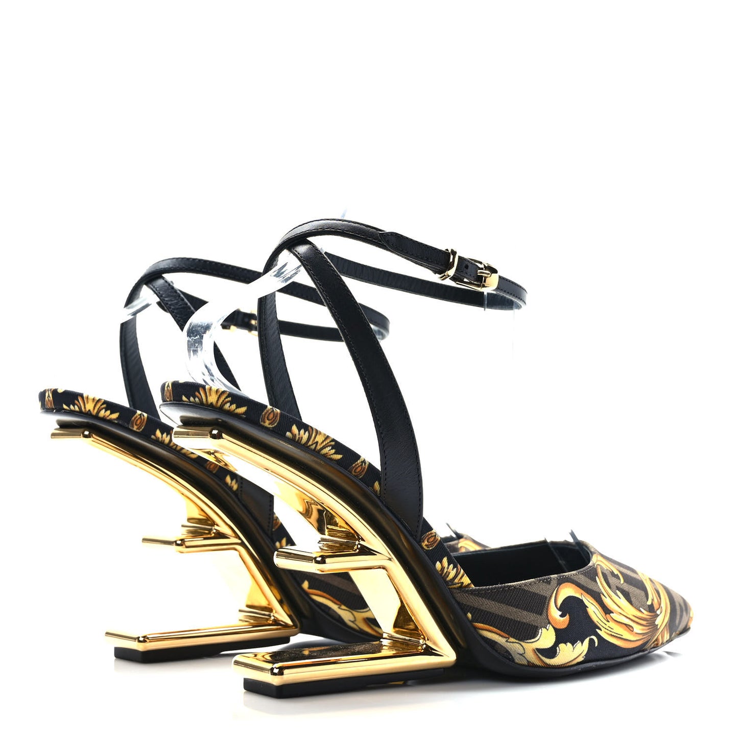 X VERSACE Silk Calfskin Fendace Fendi First 95mm Slingback Sandals 39 Tobacco Black Gold