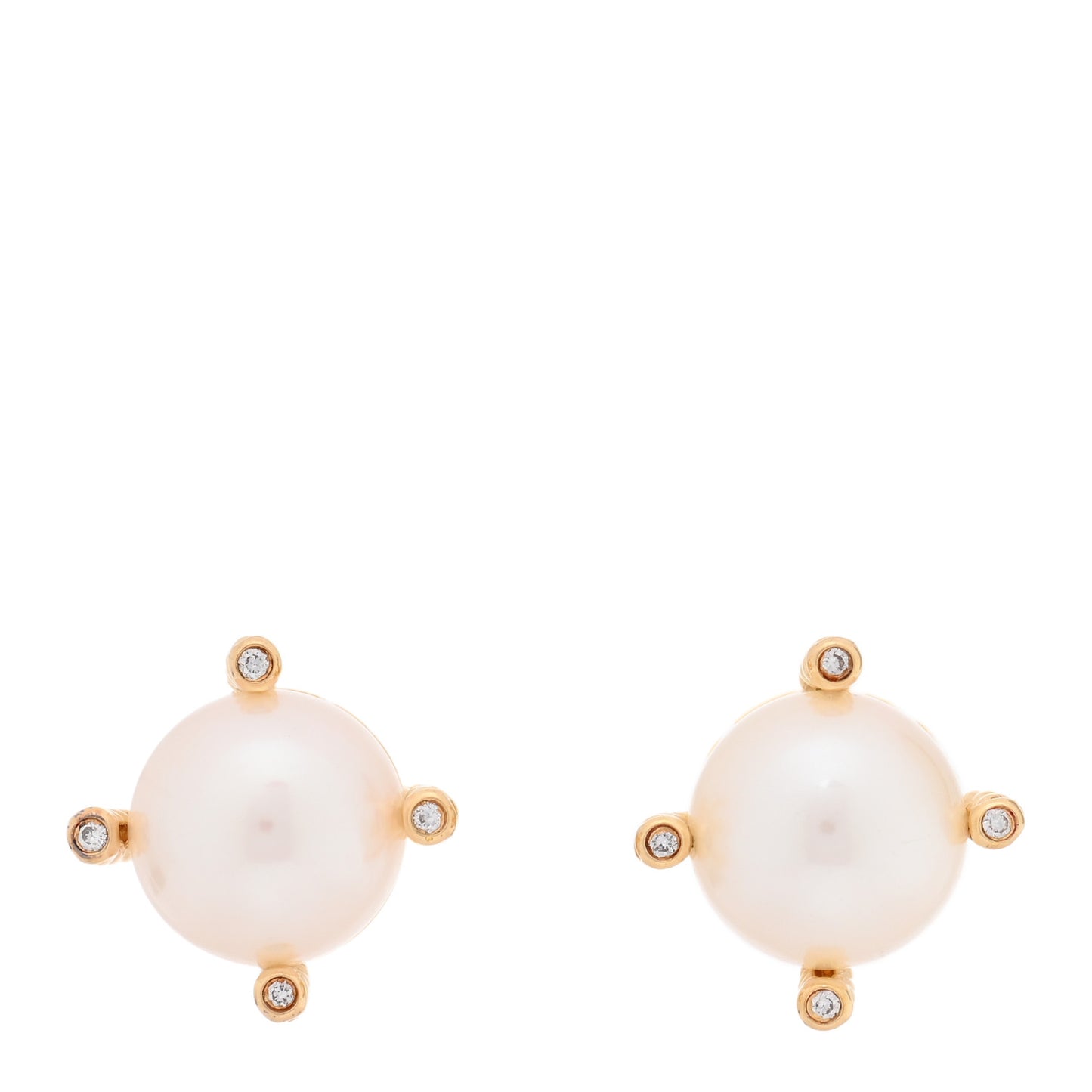 18K Yellow Gold Diamond Cultured Pearl 9.5-10mm Cable Stud Earrings