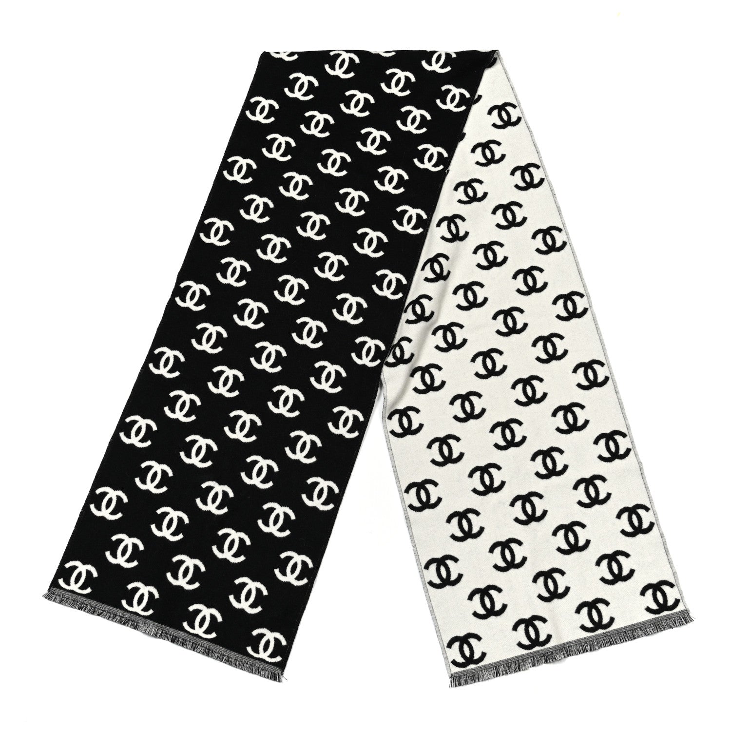 Chanel Wool Cashmere CC Scarf Black White 2 of 5