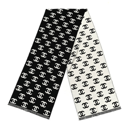 Chanel Wool Cashmere CC Scarf Black White 2 of 5