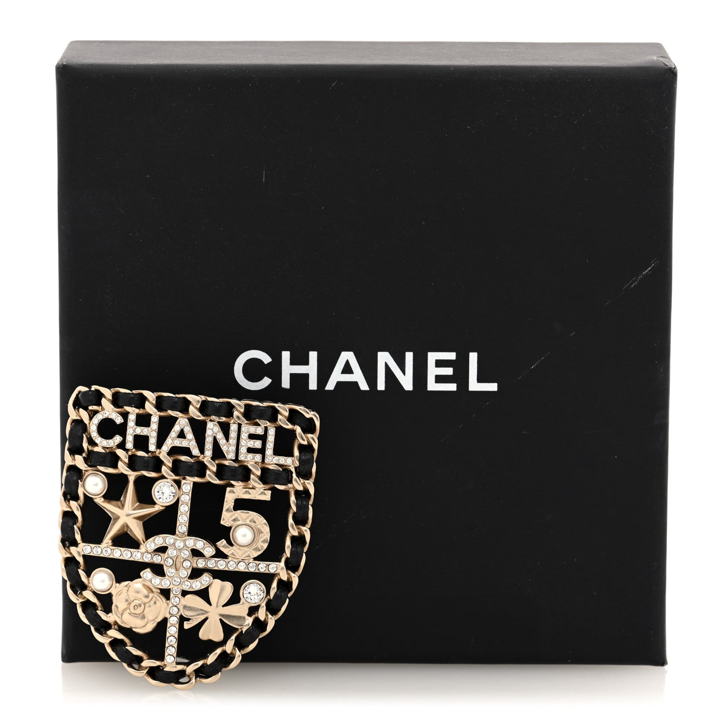 Lambskin Pearl Strass Sergeant Chanel Shield Brooch Gold
