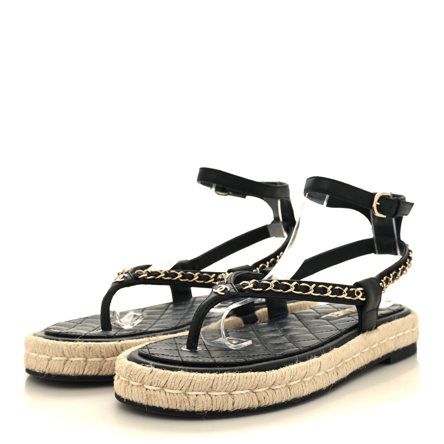 Lambskin Chain CC Thong Espadrille Sandals 39 Black